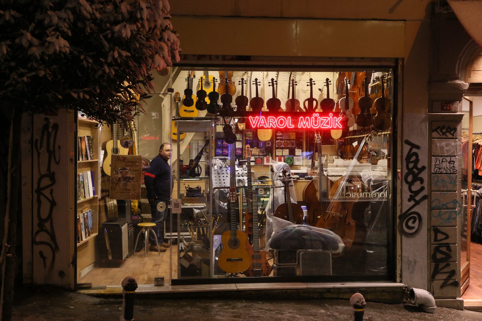 Guitars and other instruments in a Galata music-shop window.