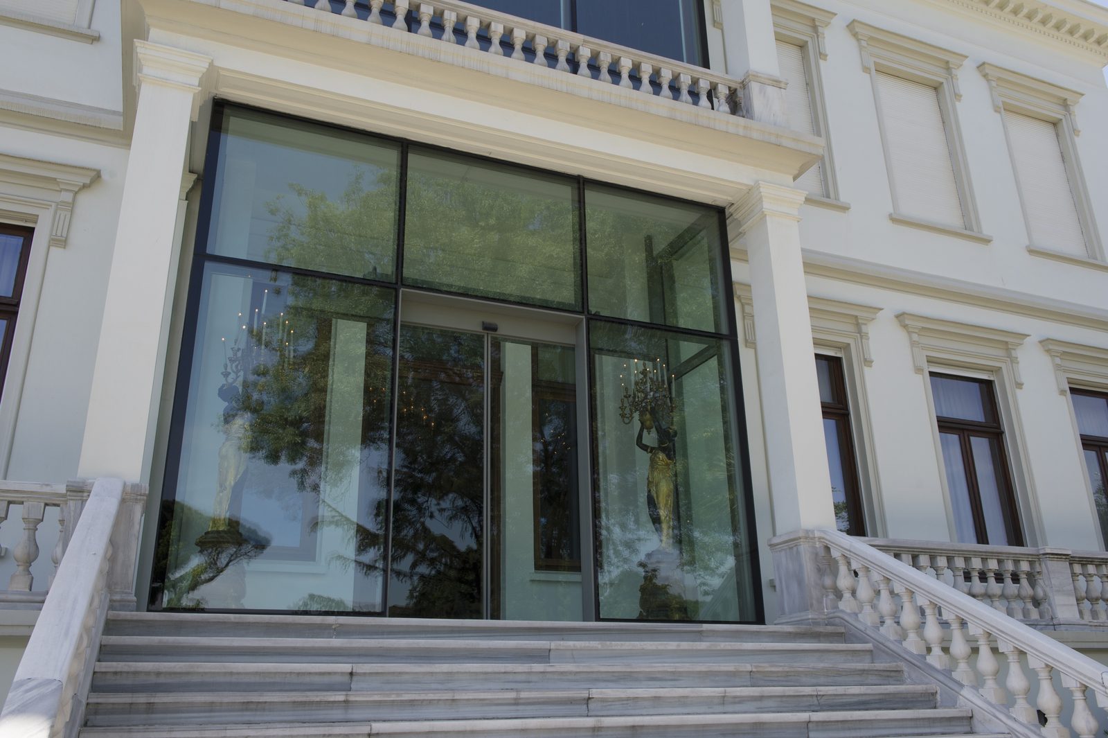 Steps rise to the glazed entrance of Sakıp Sabancı Museum in Emirgan.