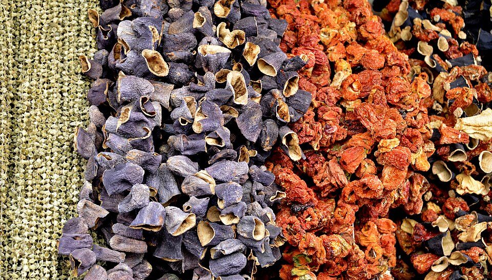 Strings of dried aubergines and peppers hang in Istanbul’s Spice Bazaar.