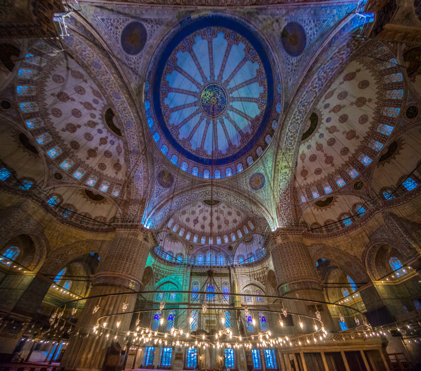 A 2016 view of Sultanahmet’s central dome, surrounding semi-domes and repeated decoration.