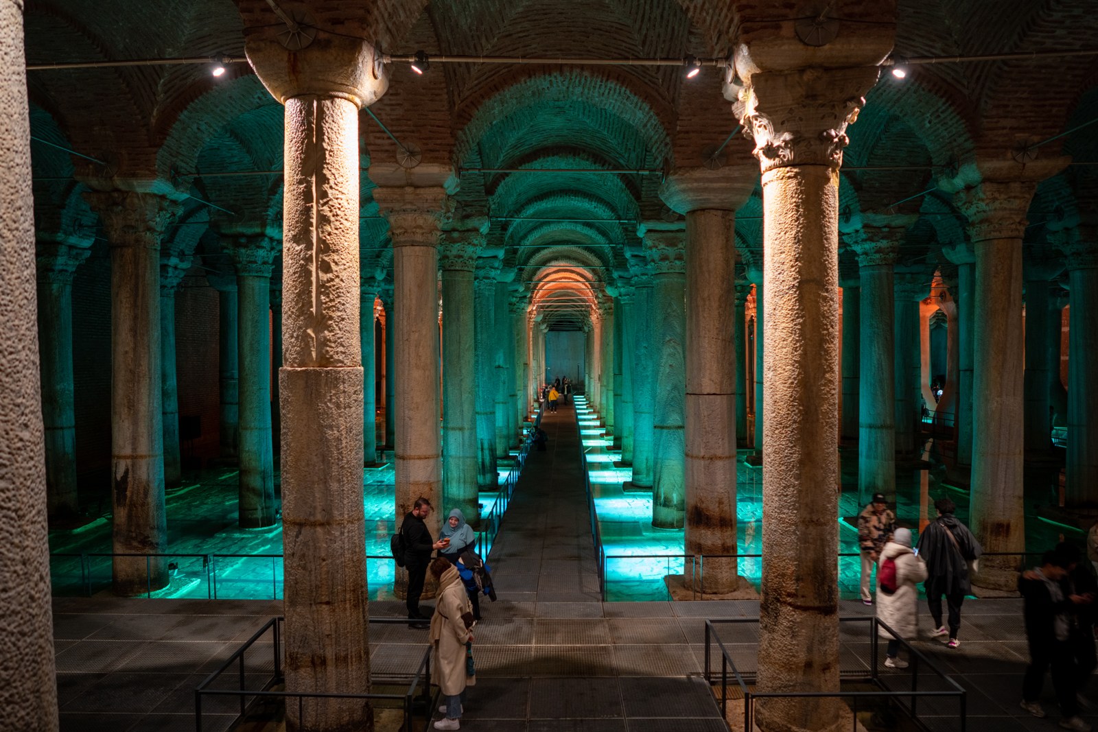 Columns and visitor walkways in the Basilica Cistern after restoration, photographed in December 2022.
